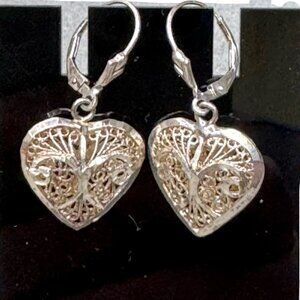 Vintage Tree of Life Heart Sterling Silver 925 Filigree Dangle Earrings Art Deco